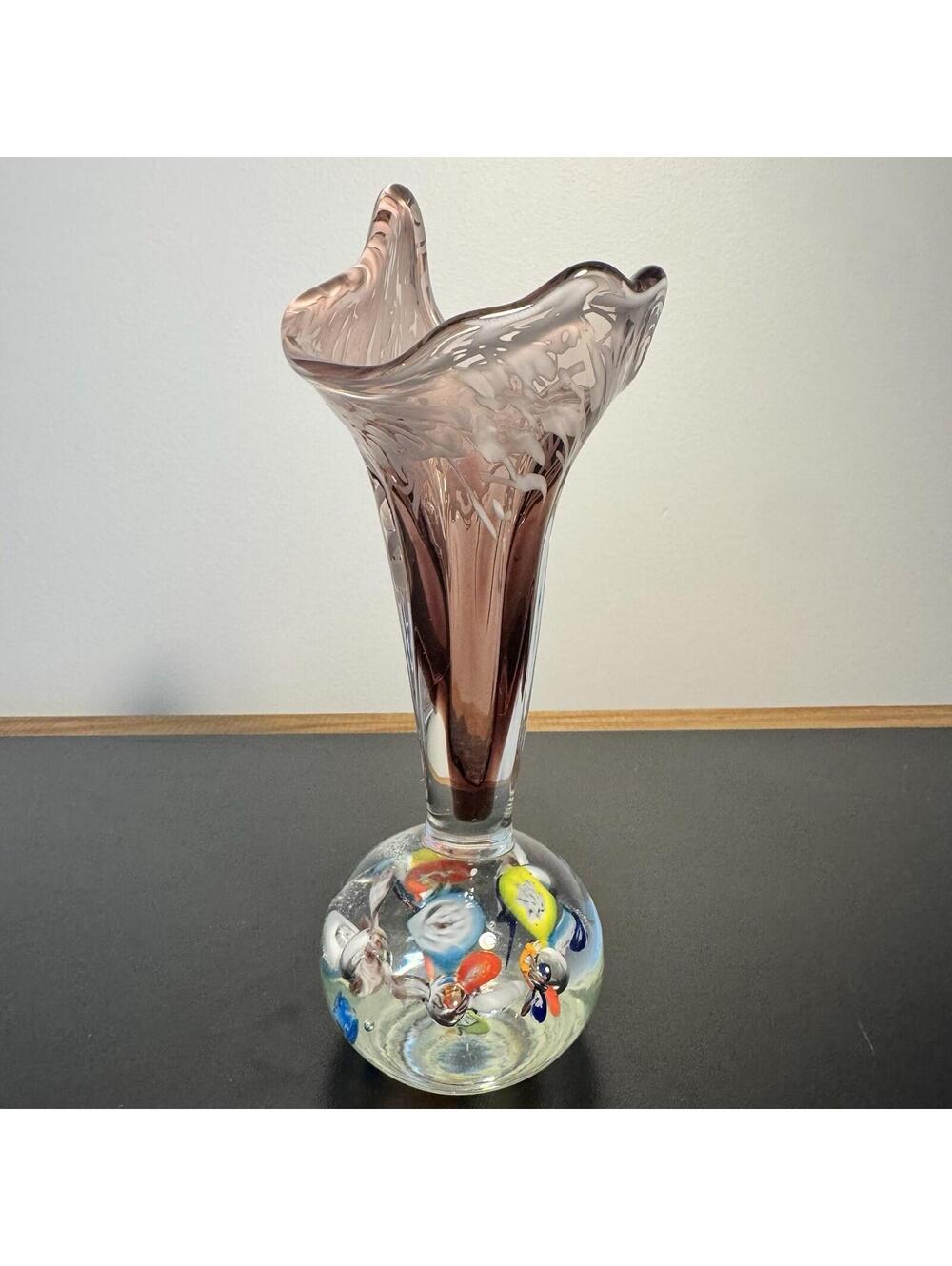 VINTAGE MURANO ART GLASS BUD VASE PAPERWEIGHT WITH MILLEFIORI FLOWERS & BUBBLES